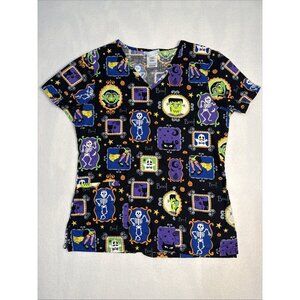 Womens SB Scrubs XS Black Halloween V Neck Pullover Cotton Scrub Top Witches Boo